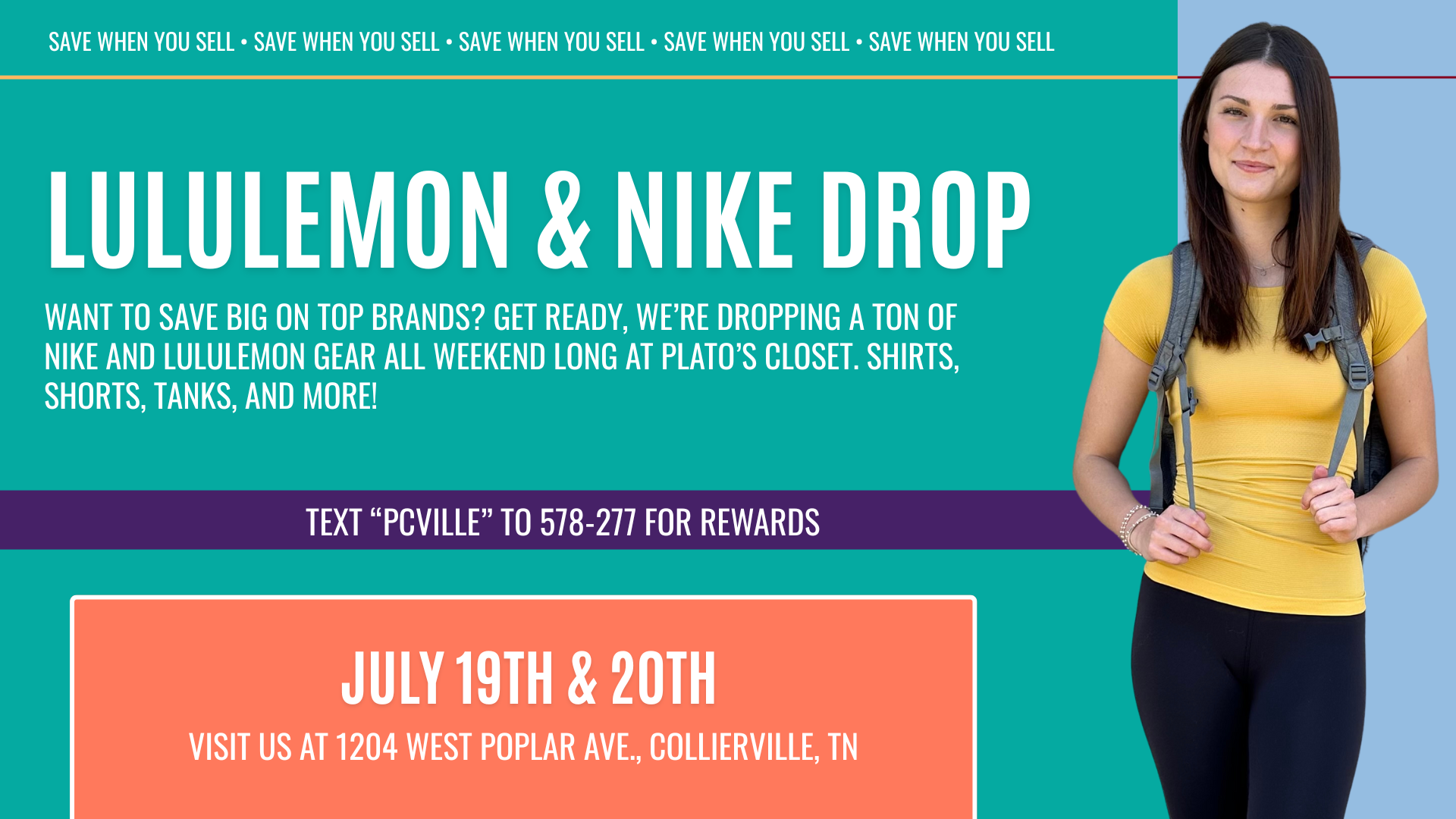 Apparel display at Plato’s Closet Collierville featuring Lululemon Scuba hoodies, Align leggings, Nike Tech Fleece sets, and sneakers like Air Max and Dunks, with signage promoting the Lululemon & Nike Drop event happening July 19–20.